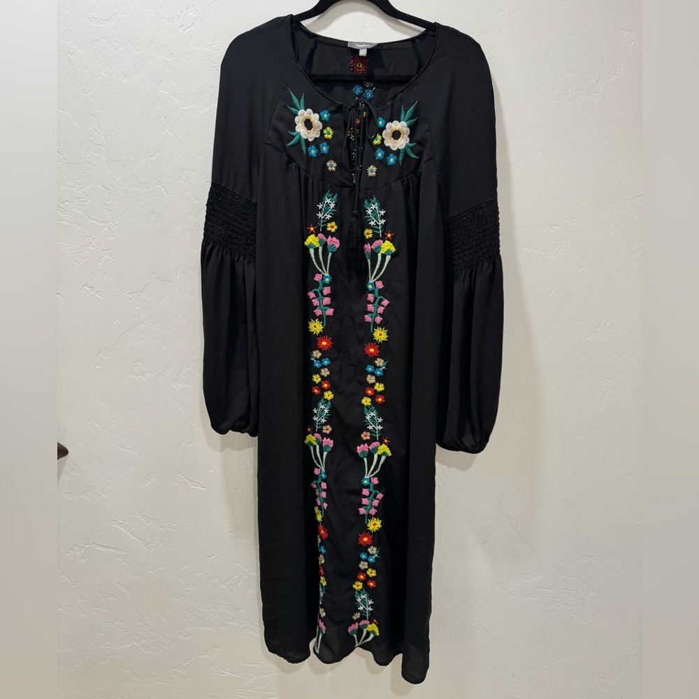 Neiman Marcus Sheer Embroidered Dress Midi Black Oversize Shift Women Large - Picture 3 of 13